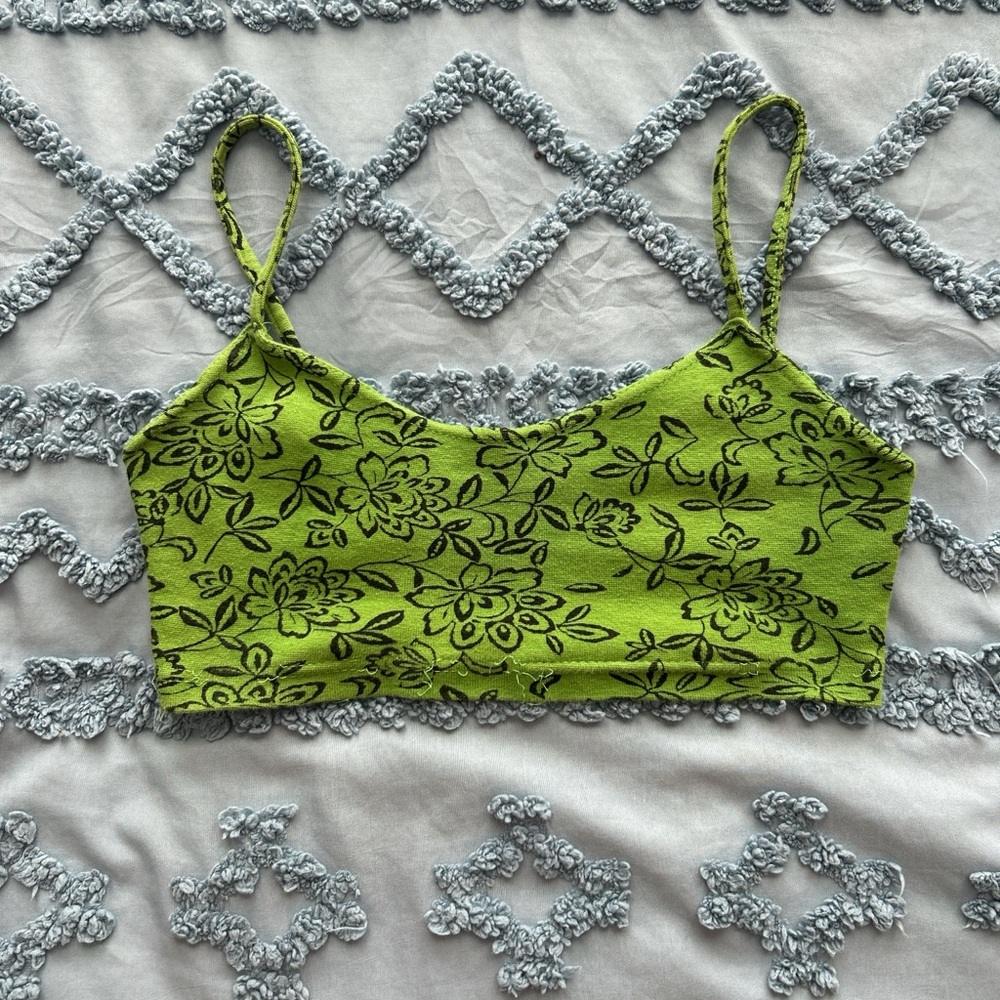 Energie Lime Green Crop Tank with Black Floral Print